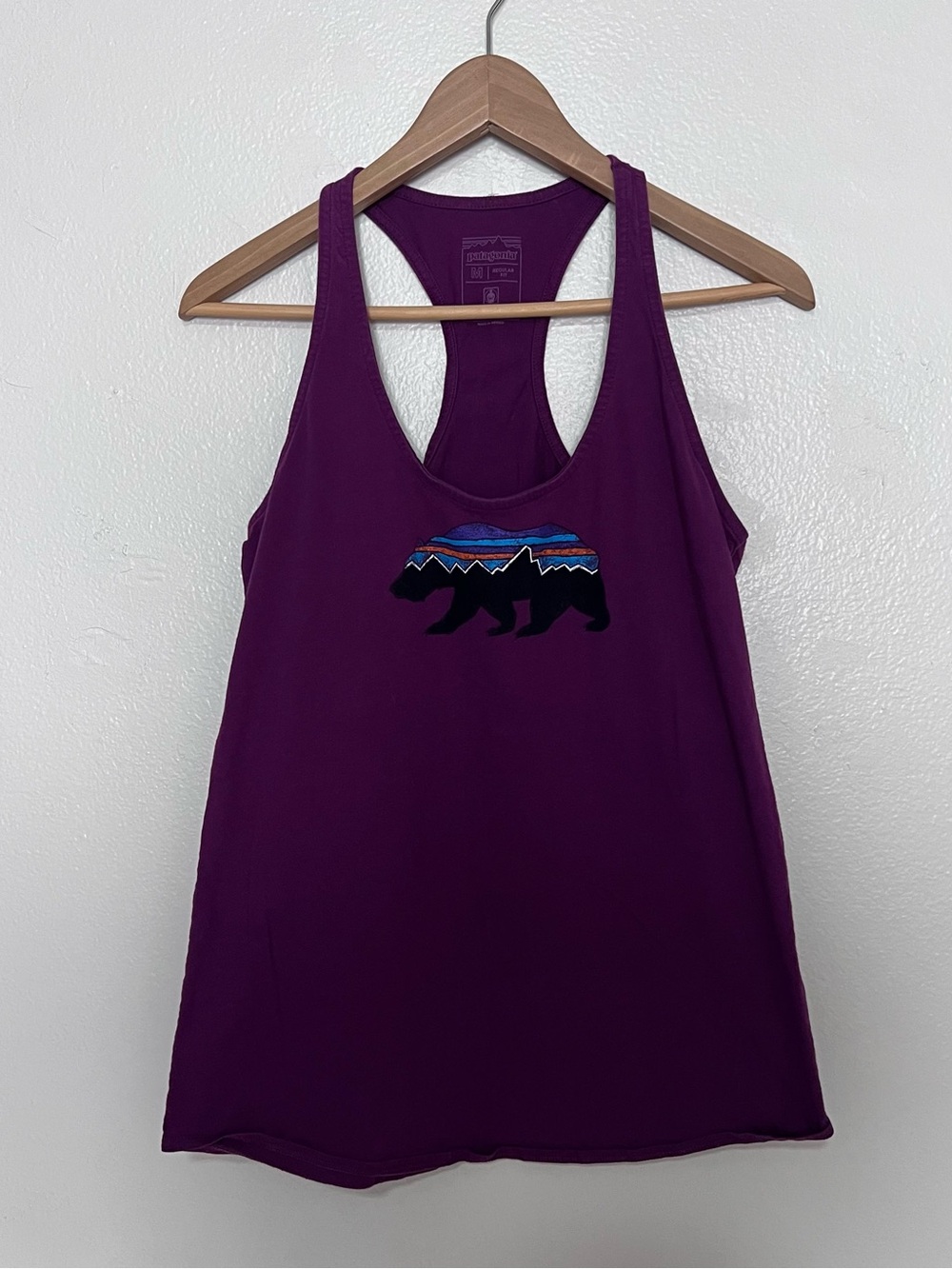 Patagonia Purple Racerback Tank with Mountain Stripe Bear
